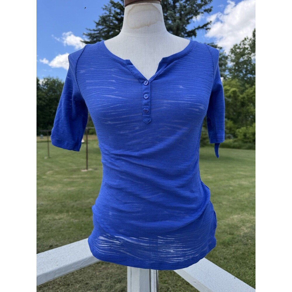 2000s L.e.i Blue Y2K Zebra Print Sheer Ribbed Layer Henley Baby Tee | jnr Large
